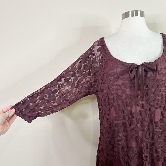 Garnet Hill | Boheme Plum Brown Lace Easy Tie Scoop Neck 3/4 Sleeve Dress 12 EUC - Picture 4 of 10